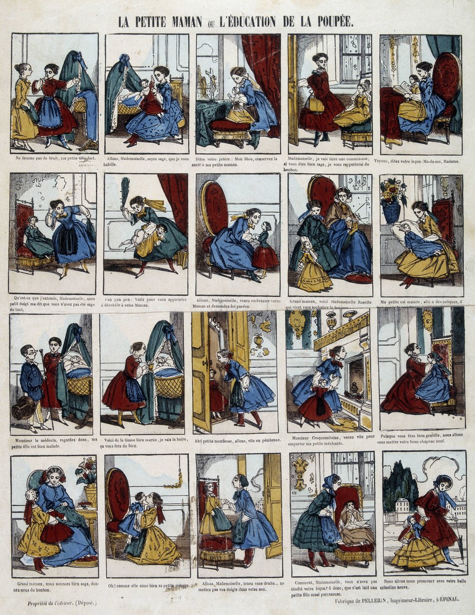 الأم الصغيرة "" تعليم الدمية ". صورة إبينال ، سد. القرن ال 19. بواسطة المدرسة الفرنسية