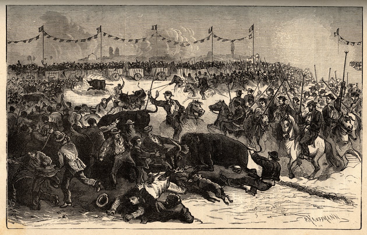 العلامات التجارية للماشية - La ferrade en Camargue (تم تنظيمها خلال marquarge au fer rouge du betail) - نقش في "" PATRIE "- صورة وصف أساسي لفرنسا في 6 مجلدات بواسطة لوسين هوارد - أواخر القرن التاسع عشر بواسطة المدرسة الفرنسية