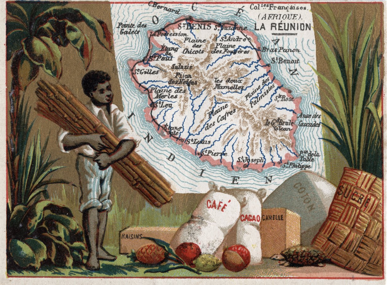L'île de la reunion ، فرنسا (الأقسام الخارجية اليوم). مسلسل على المستعمرات الفرنسية. استيراد بن - عنب - قطن - قرفة - كاكو - سكر. الطباعة الحجرية الملونة (Chromo) "" الخيط الجغرافي "" ، حوالي عام 1920. مجموعة خاصة. بواسطة المدرسة الفرنسية