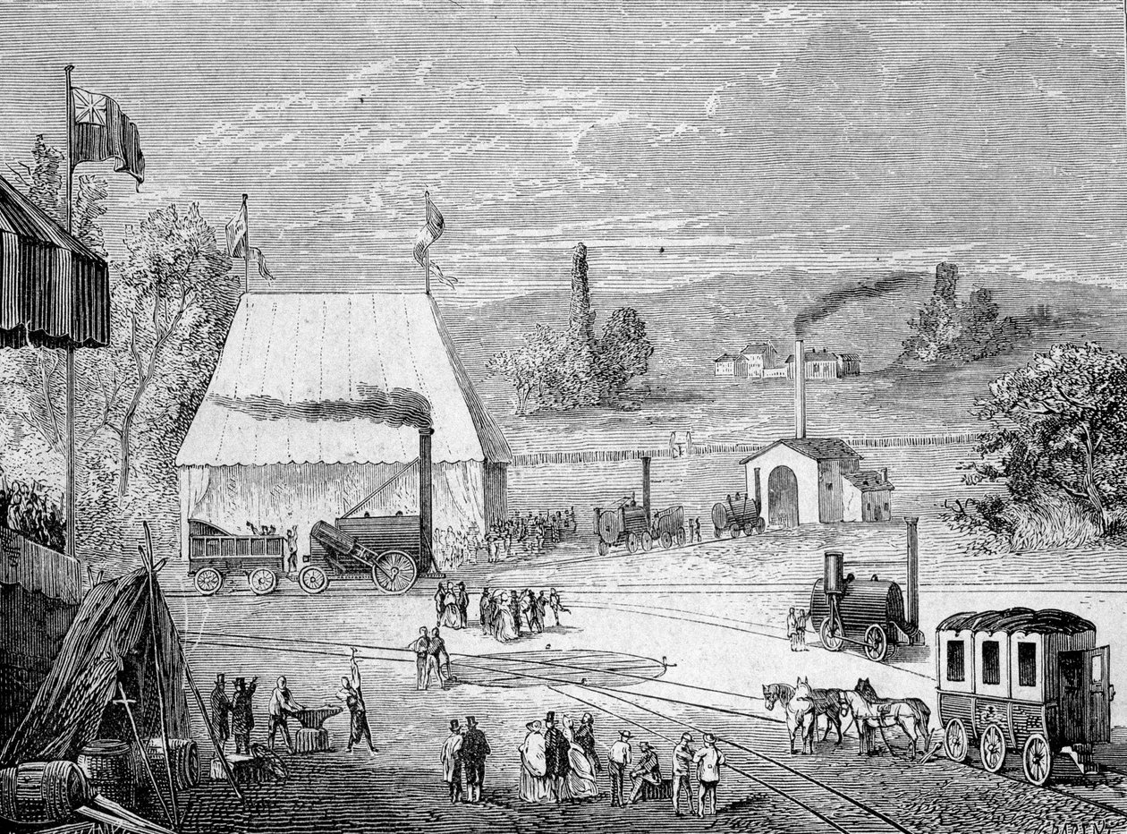 مسابقة القاطرة التي أقيمت في ليفربول ، أكتوبر 1829 - في "" ألبوم العلوم ؛ علماء لامعون الاكتشافات العظيمة "" "1896. بواسطة المدرسة الفرنسية