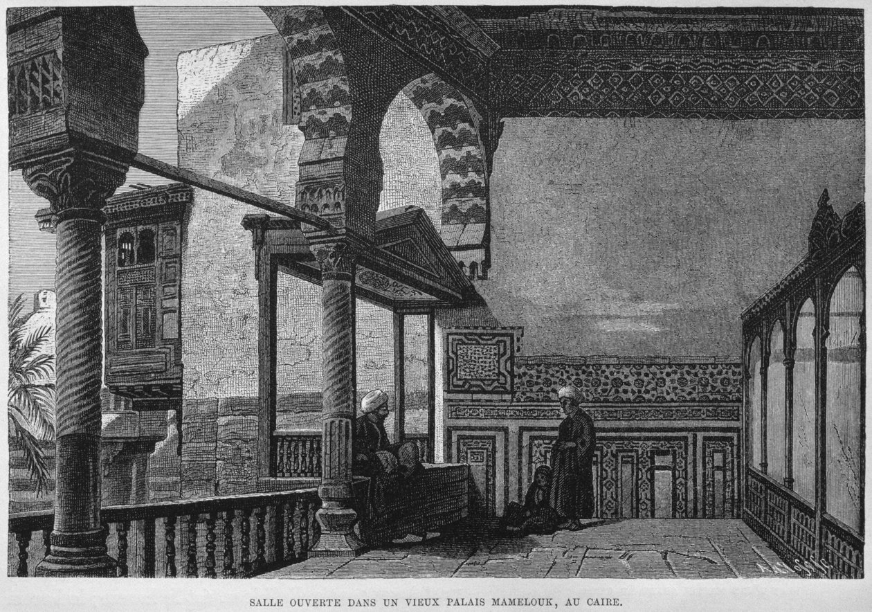 لوجيا بيت ميملوك رادناو بيز ، القاهرة ، من مصر لجورج موريتز إيبرس (1837--1898) ، 1881 (النقش بالأبيض والأسود) بواسطة المدرسة الفرنسية