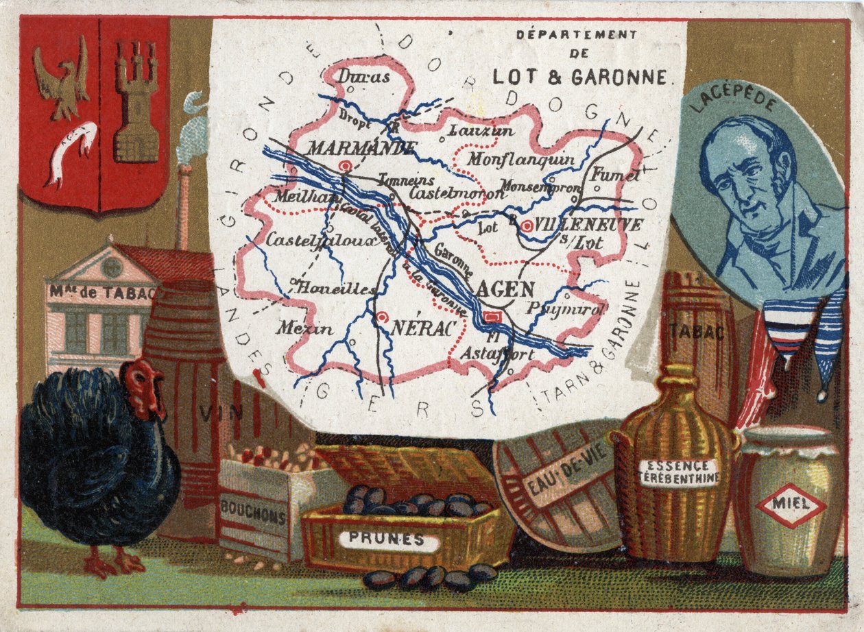Lot et Garonne (Lot-et-Garonne ، 47) ، آكيتاين ، فرنسا. مصنع التبغ وتربية الديك الرومي والنبيذ والفلين والخوخ والبراندي والبنزين. صورة لبرنارد جيرمان إتيان دي لافيل سور إيلون ، كونت ليسبيد (أو دي لا سيبيدي بواسطة المدرسة الفرنسية
