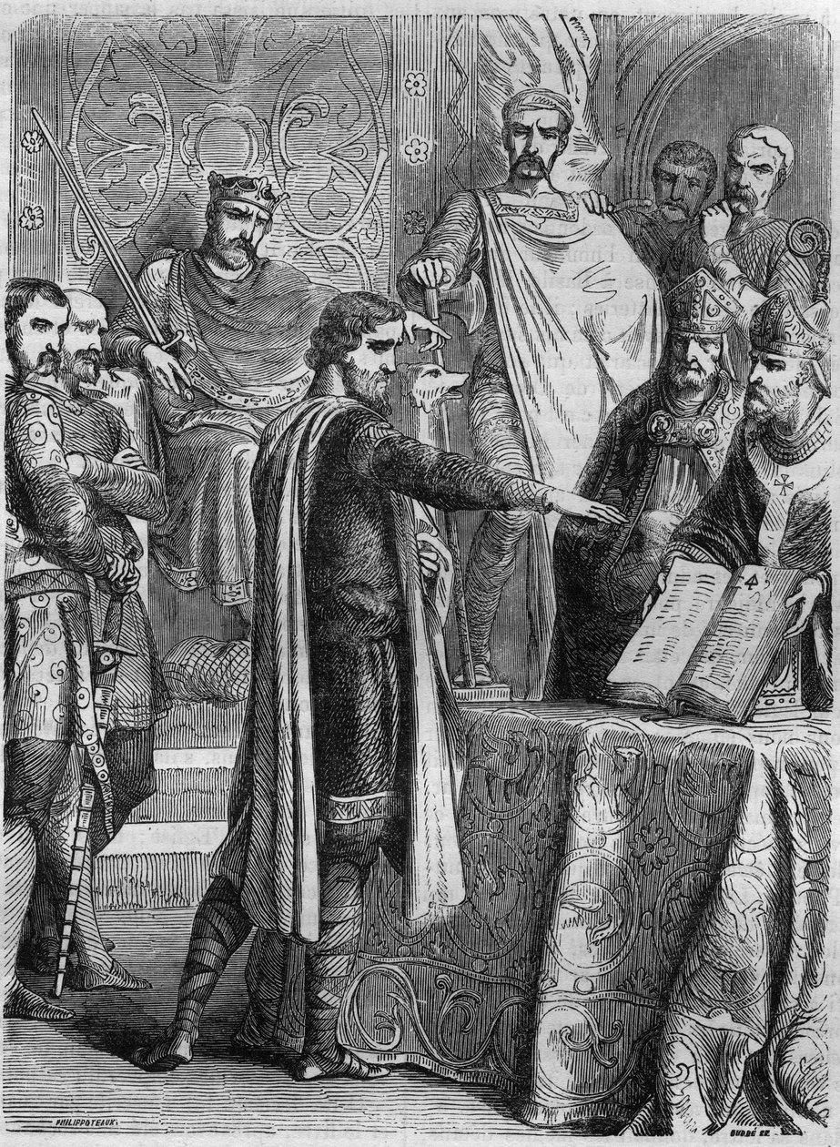 أدى لوثريا الثاني (825-869) القسم على الإنجيل أمام البابا أدريان الثاني (792-872) في روما عام 869. نقش في "Histoire des Papes-Rois-Queen and Empereurs عابرون لقرون" بقلم موريس لاكاتر بواسطة المدرسة الفرنسية