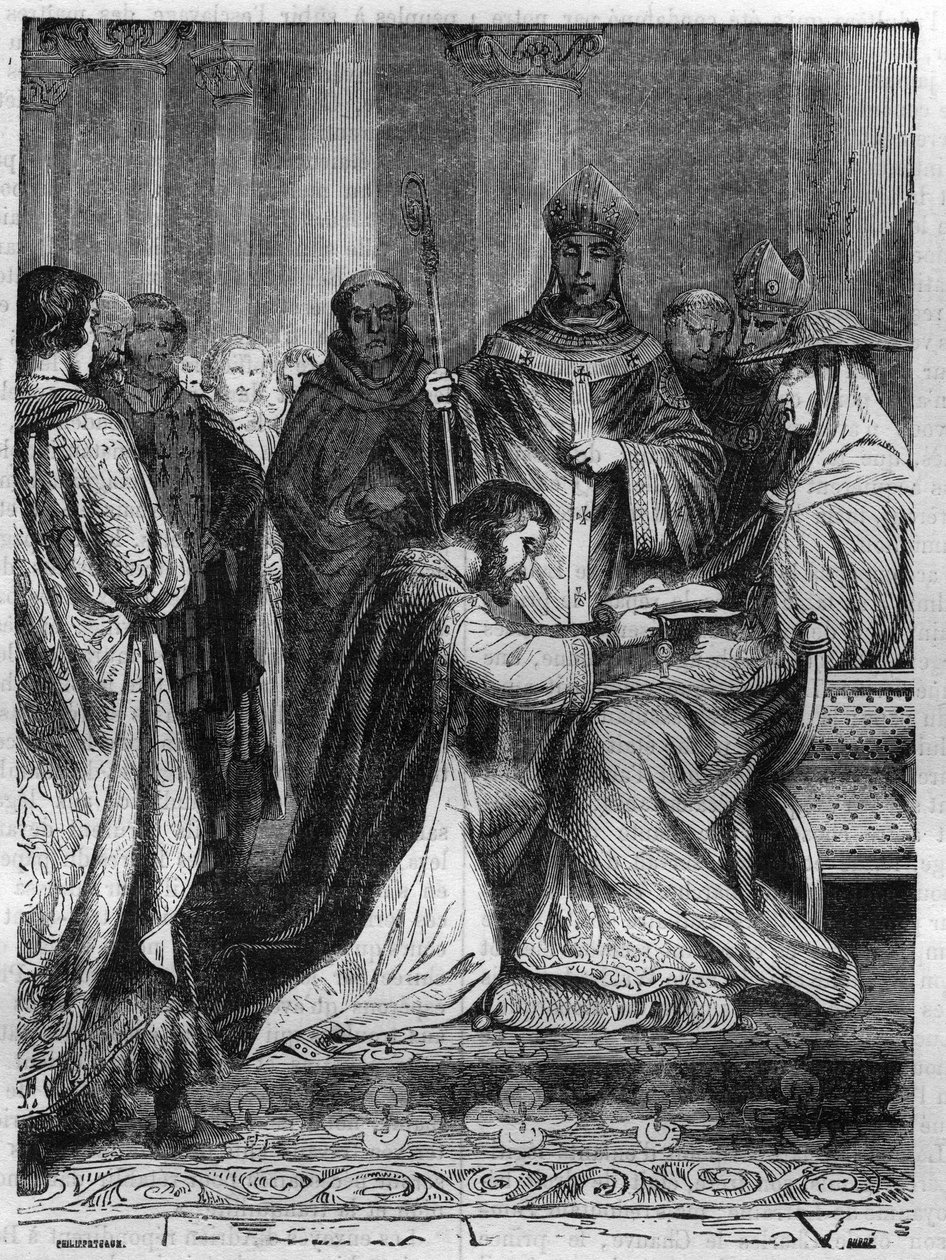 لوثريا الأول (795-855) عند قدم البابا أدريان الثاني (792-872). نقش في "Histoire des Papes-Rois-Queen and Empereurs عبر القرون" بقلم موريس لاتشاتر بواسطة المدرسة الفرنسية