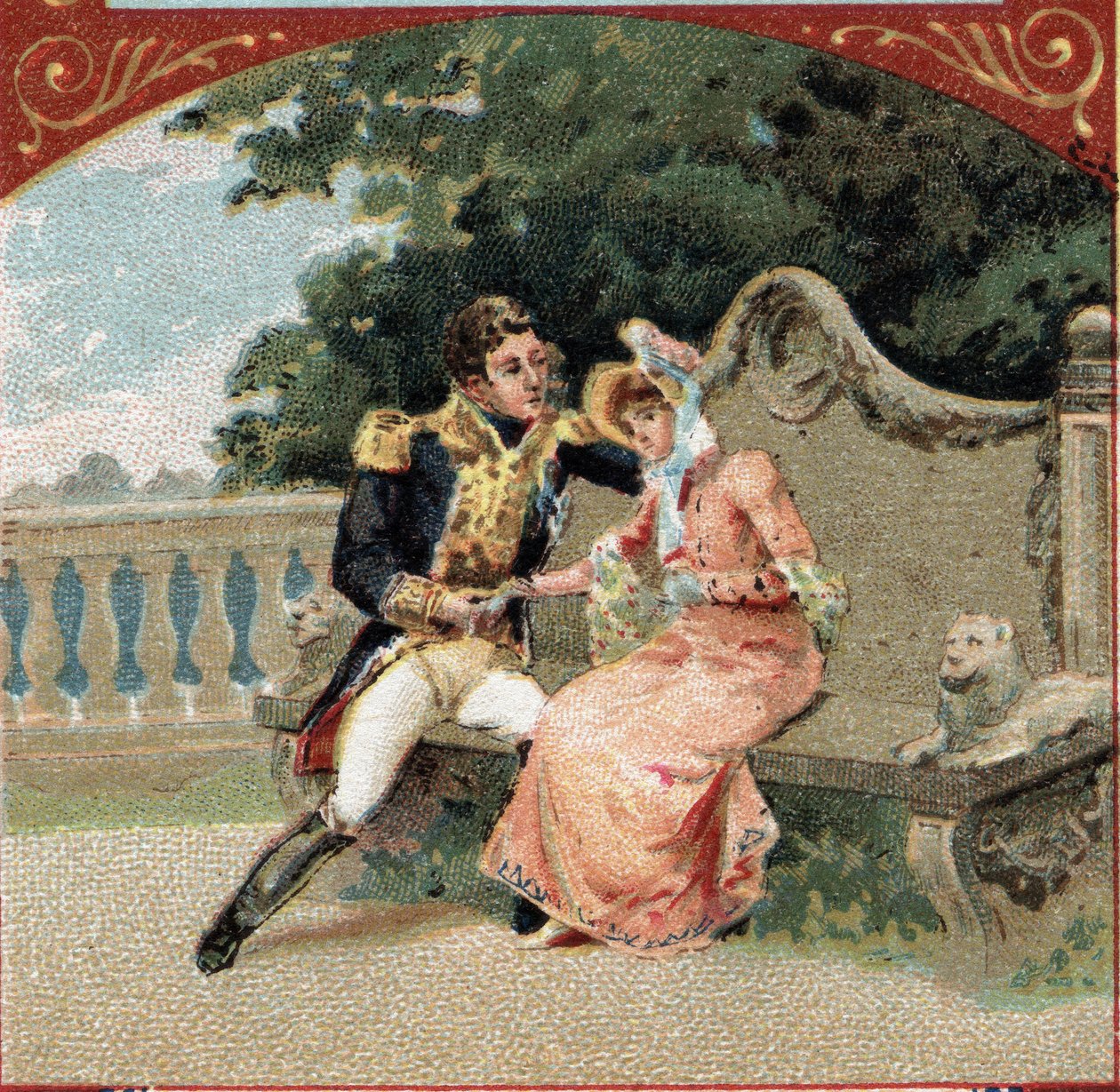 Louis Alexandre (Louis-Alexandre) Berthier (1753-1815) ، أمير Wagram ، مع عشيقته Madame Visconti ، في Chateau de Grosbois. الطباعة الحجرية الملونة في أواخر القرن التاسع عشر بواسطة المدرسة الفرنسية