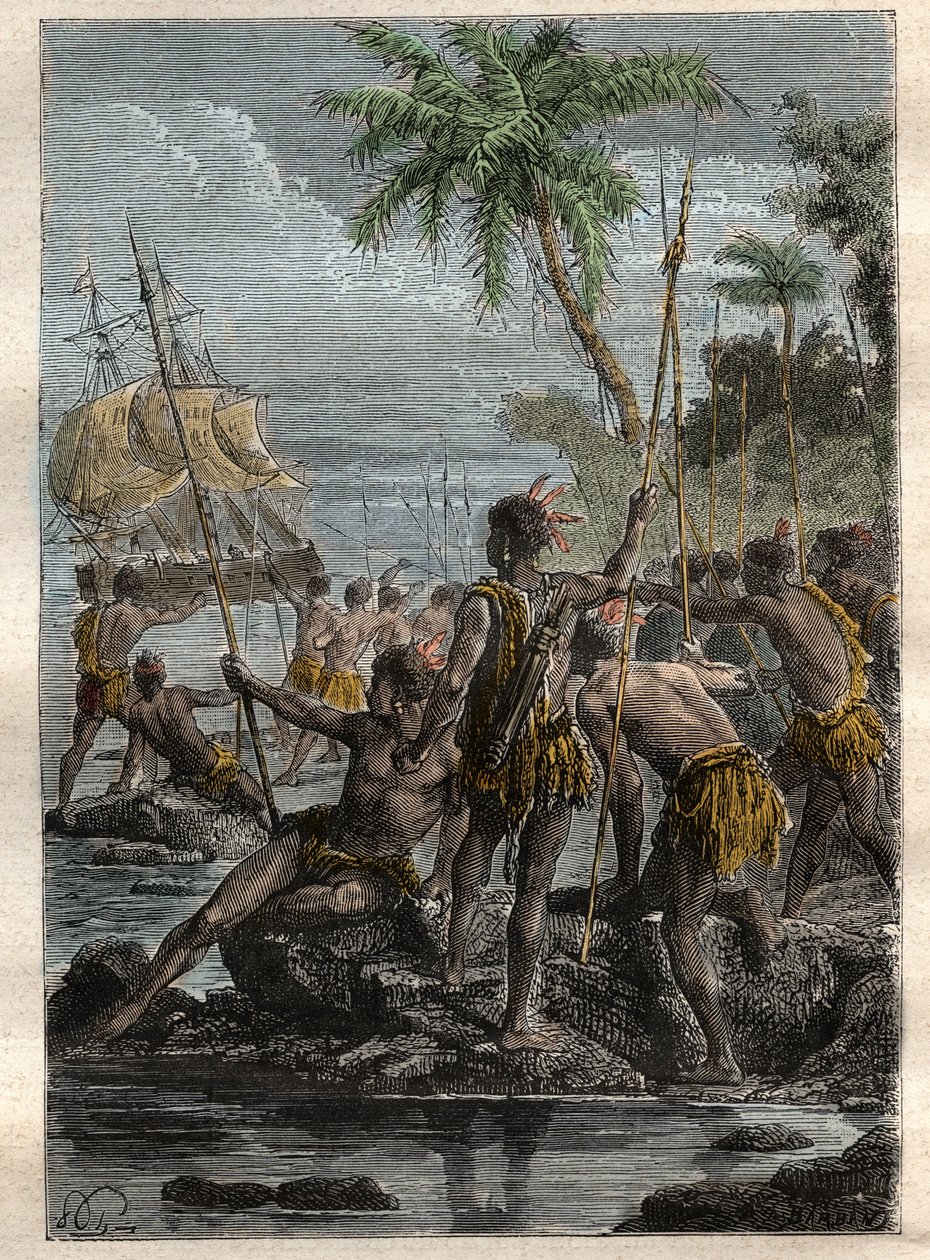 وصل لويس أنطوان ، كونت بوغانفيل (1729-1811) إلى جزيرة إيل دي لانسي (بولينيزيا الفرنسية) عام 1768 - رسم توضيحي مأخوذ من "البحارة الكبار في القرن الثامن عشر" بواسطة المدرسة الفرنسية
