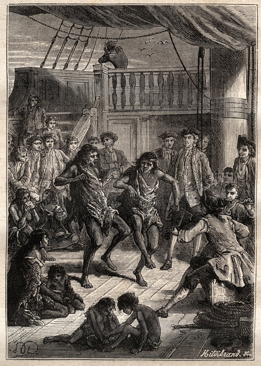 استقبل لويس أنطوان ، كونت بوغانفيل (1729-1811) سكان Bay Fortescue (ديترويت ماجلان) في قاربه "La Boudeuse" "في عام 1768 - رسم توضيحي من" البحارة العظماء في القرن الثامن عشر " بواسطة المدرسة الفرنسية