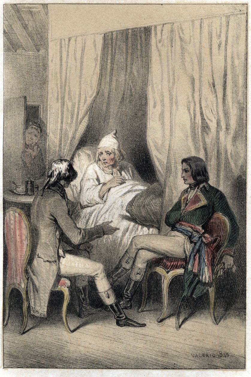 طلب لويس أنطوان فوفيليت دي بوريان (1769-1834) ، الدبلوماسي والإداري الفرنسي ، والجنرال نابليون بونابرت (1769-1821) مالًا للحملة الإيطالية من رأسمالي عجوز مريض. لوحة مأخوذة من "" Scenes de la vie des hommes الشهيرة "" "engravi بواسطة المدرسة الفرنسية