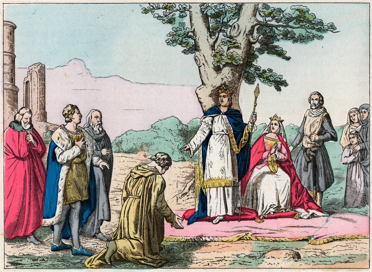 لويس التاسع ، ديت "سانت لويس" (1214-1270) يحقق العدالة لجميع رعاياه في Bois de Vincennes - Saint Louis (1214-1270) يجعل العدالة - نقش نهاية القرن التاسع عشر في "Nos Gires Nationales - صور و تلاوات "" بواسطة المدرسة الفرنسية