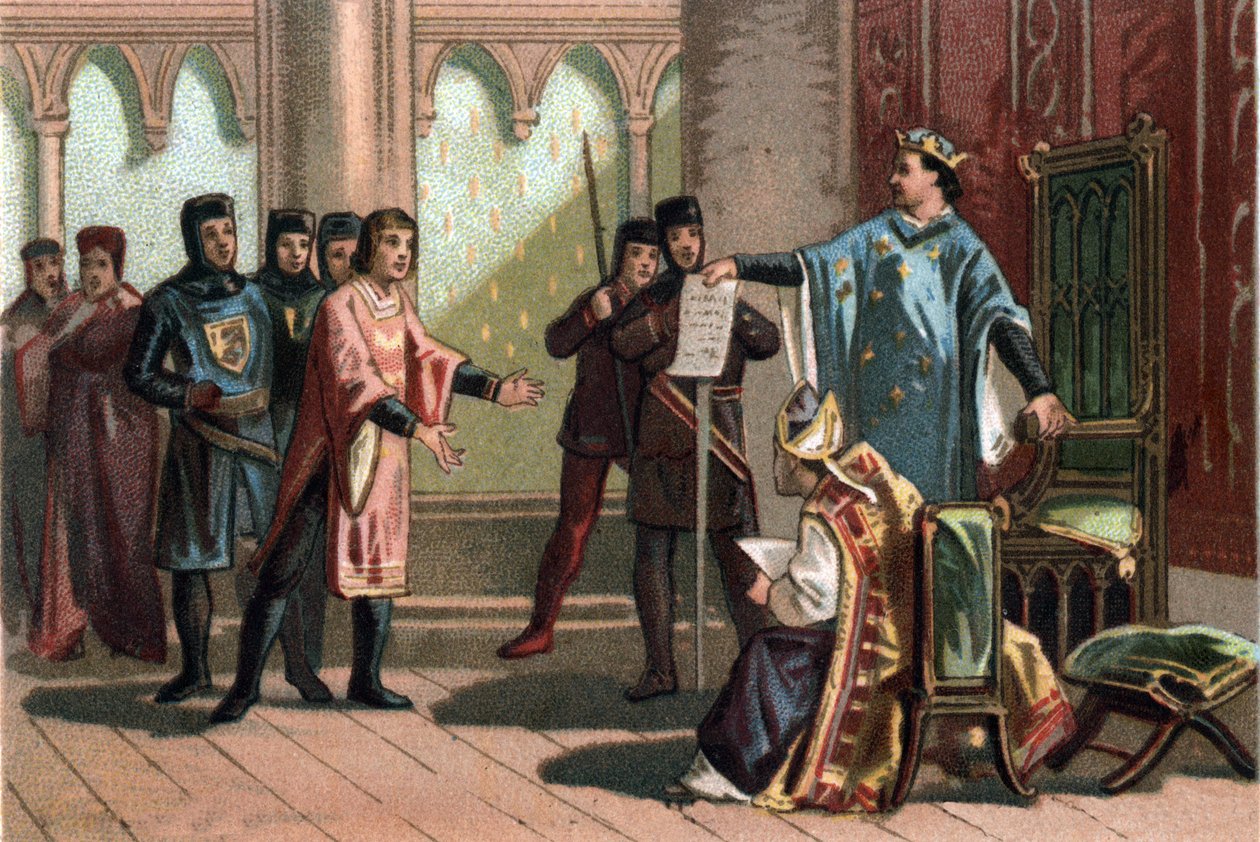 Louis VIII, known as “The Lion” (1187 - 1226), the Capetian dynasty, answered proudly and fiercly to an envoy of the King of England Henry III. Chromolithography around 1890. بواسطة المدرسة الفرنسية