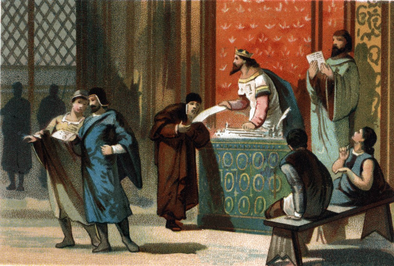 أعطى لويس السادس ديت لو جروس (1081-1137) مواثيق بريد الكوميونات. الطباعة الحجرية الملونة حوالي عام 1890. بواسطة المدرسة الفرنسية