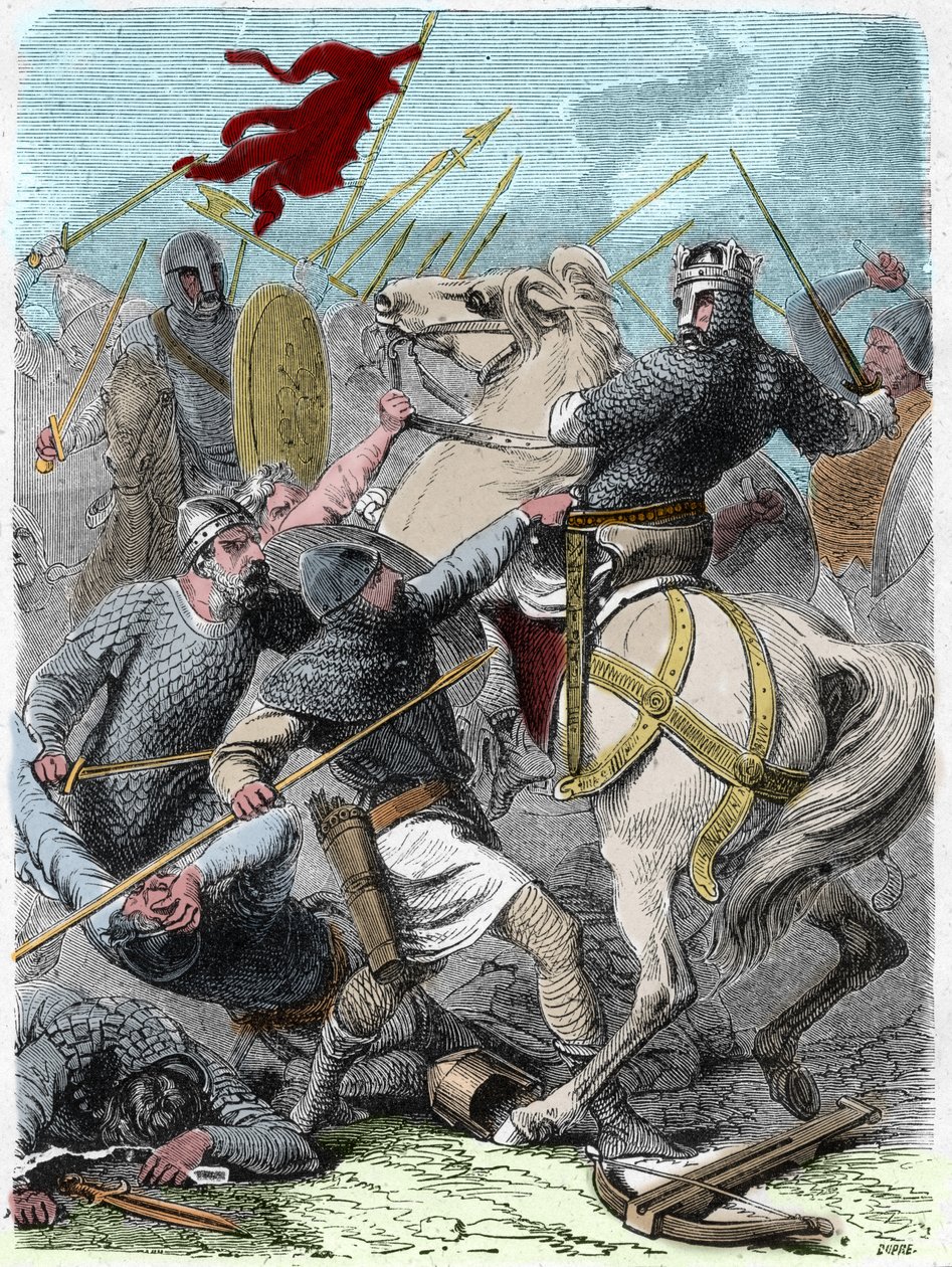 قال لويس السادس إن "الجروس" (1081 - 1137) ، في معركة برينفيل ، حاول أخذ نورماندي من الملك هنري الأول ملك إنجلترا عام 1119. نقش في "" لوحات "هيستوار دو فرانس أون سينت" لبول ليوجور "" 1891. بواسطة المدرسة الفرنسية
