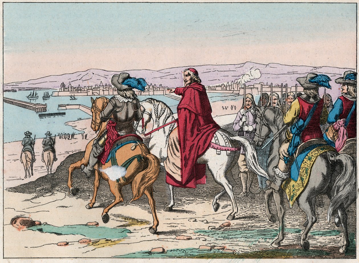 لويس الثالث عشر (1601-1643) والكاردينال ريشيليو في مقر لاروشيل ، ساحة البروتستانت في أكتوبر 1628 - الكاردينال دي ريشيليو ولويس الثالث عشر (1602-43) في حصار لاروشيل في أكتوبر 1628 - نقش نهاية القرن التاسع عشر بواسطة المدرسة الفرنسية