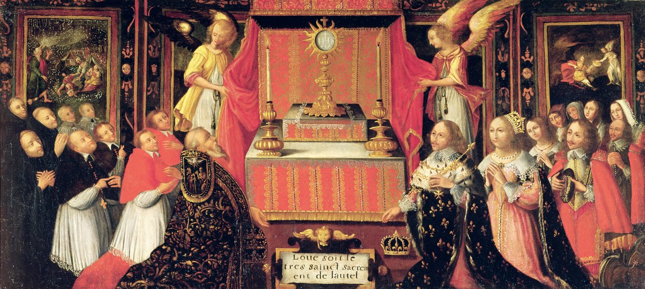لويس الثالث عشر (1601-43) آن النمسا (1601-66) انفانتا من إسبانيا وغاستون دي فرانس (1608-60) دوق أورليانز قبل القربان المقدس بواسطة المدرسة الفرنسية