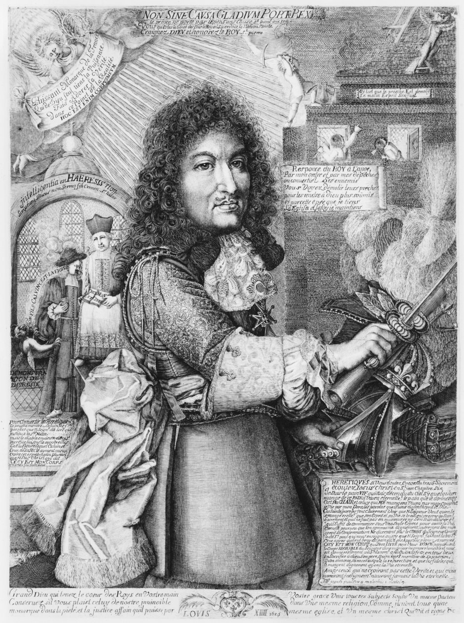 لويس الرابع عشر (1638-1715) يسحق ما يسمى بالديانة البروتستانتية الإصلاحية بسيفه ، 1685 بواسطة المدرسة الفرنسية