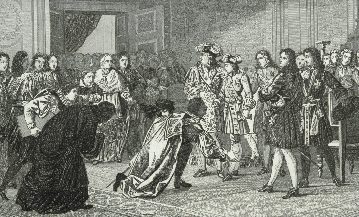 لويس الرابع عشر (1638-1715) يقدم صن كينج حفيده فيليب الخامس (1683-1746) إلى المبعوثين الإسبان ، من "هيستوار دي فرانس" من قبل كولارت ، نُشر عام 1840 بواسطة المدرسة الفرنسية