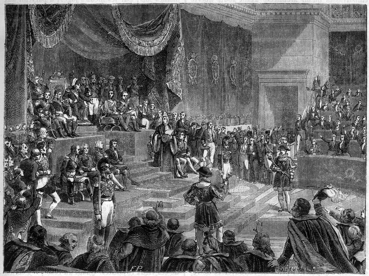 لويس الثامن عشر وتأسيس النظام الملكي الدستوري - الميثاق الدستوري الصادر في 4 يونيو 1814 - ترأس لويس الثامن عشر افتتاح جلسة الغرف في 4 يونيو 1814 في قصر بوربون في باريس - في "Histoire de l'empire suite à" بواسطة المدرسة الفرنسية