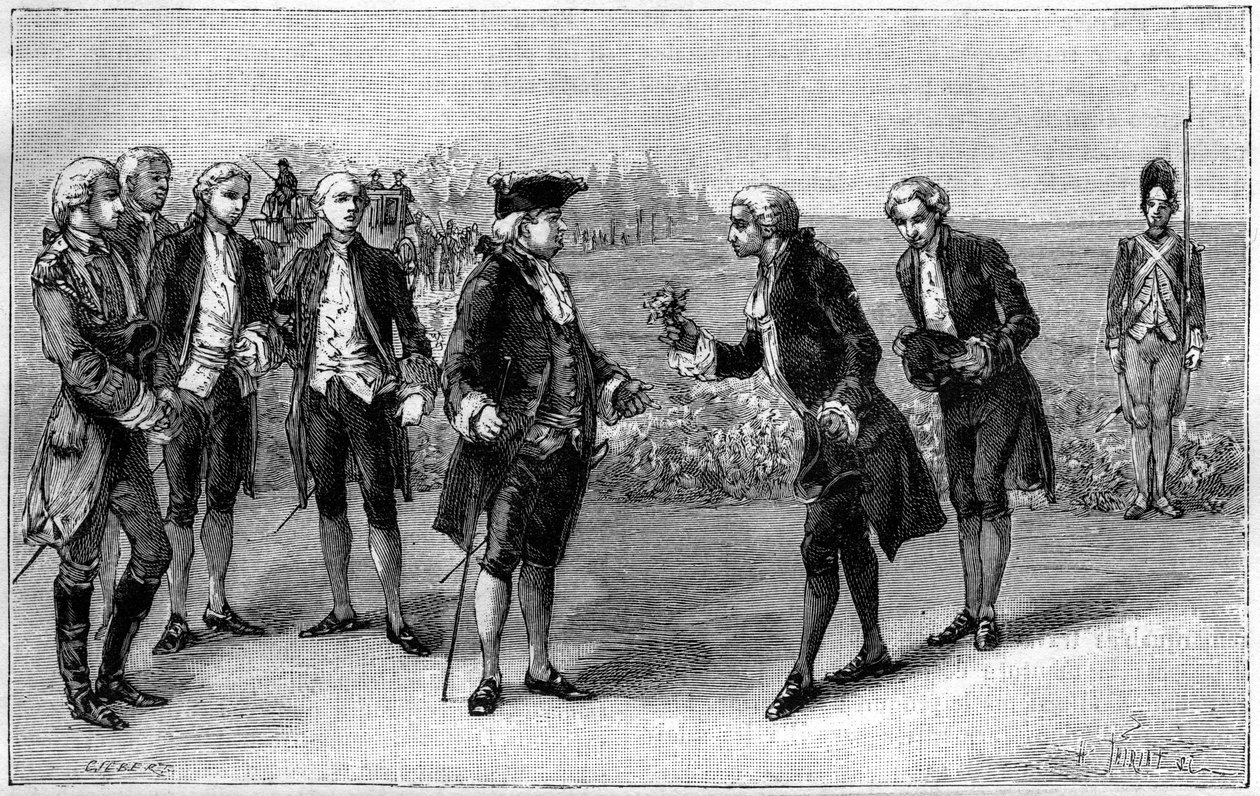 لويس السادس عشر (1754-1793) أثناء زيارته لأول حقل بطاطس في سهل Sablons (حاليًا شارع de la Grande Armee ، باريس) ، قدم له أنطوان أوجستين بارمنتييه (1737-1813) زهور البطاطس ، حوالي عام 1785. نقش في " "لا الطبيعة. Revue des sciences بواسطة المدرسة الفرنسية