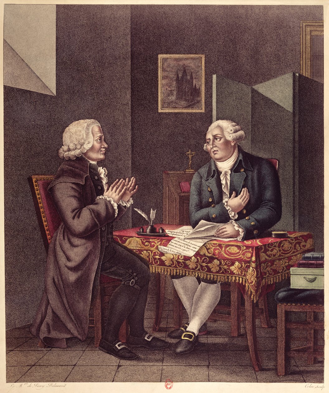 لويس السادس عشر (1754-93) يقرأ وصيته الأخيرة وعهده إلى غيوم دي لاموينون دي ماليشيربس (1721-1794) في المعبد ، 25 ديسمبر 1793 بواسطة المدرسة الفرنسية