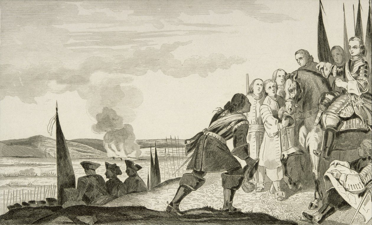 لويس الخامس عشر (1710-1774) في معركة فونتينوي في عام 1745 ، من "هيستوار دي فرانس" بواسطة كولارت ، نُشر عام 1840 (النقش) بواسطة المدرسة الفرنسية