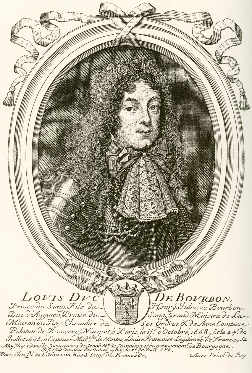 لويس دي بوربون ، أمير كوندي ، 1668 - 1710. أمير الدم في بلاط لويس الرابع عشر الفرنسي. من Les Heures Libres تم نشره عام 1908. بواسطة المدرسة الفرنسية