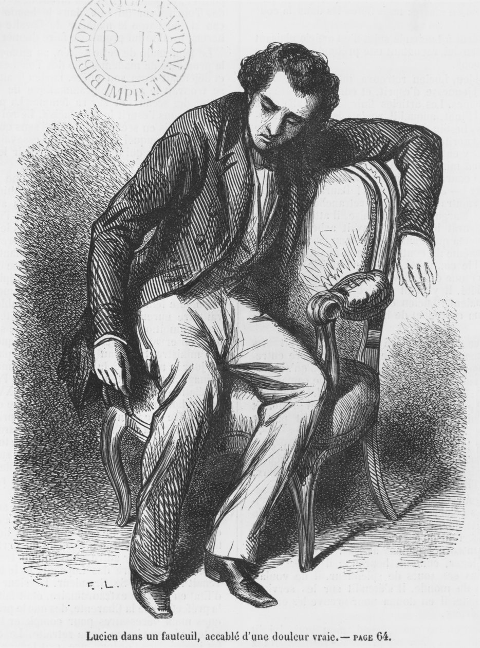 لوسيان دي روبيمبر غارق في الحزن ، رسم توضيحي من فيلم "Les Illusions perdues" للمخرج أونوري دي بالزاك بواسطة المدرسة الفرنسية