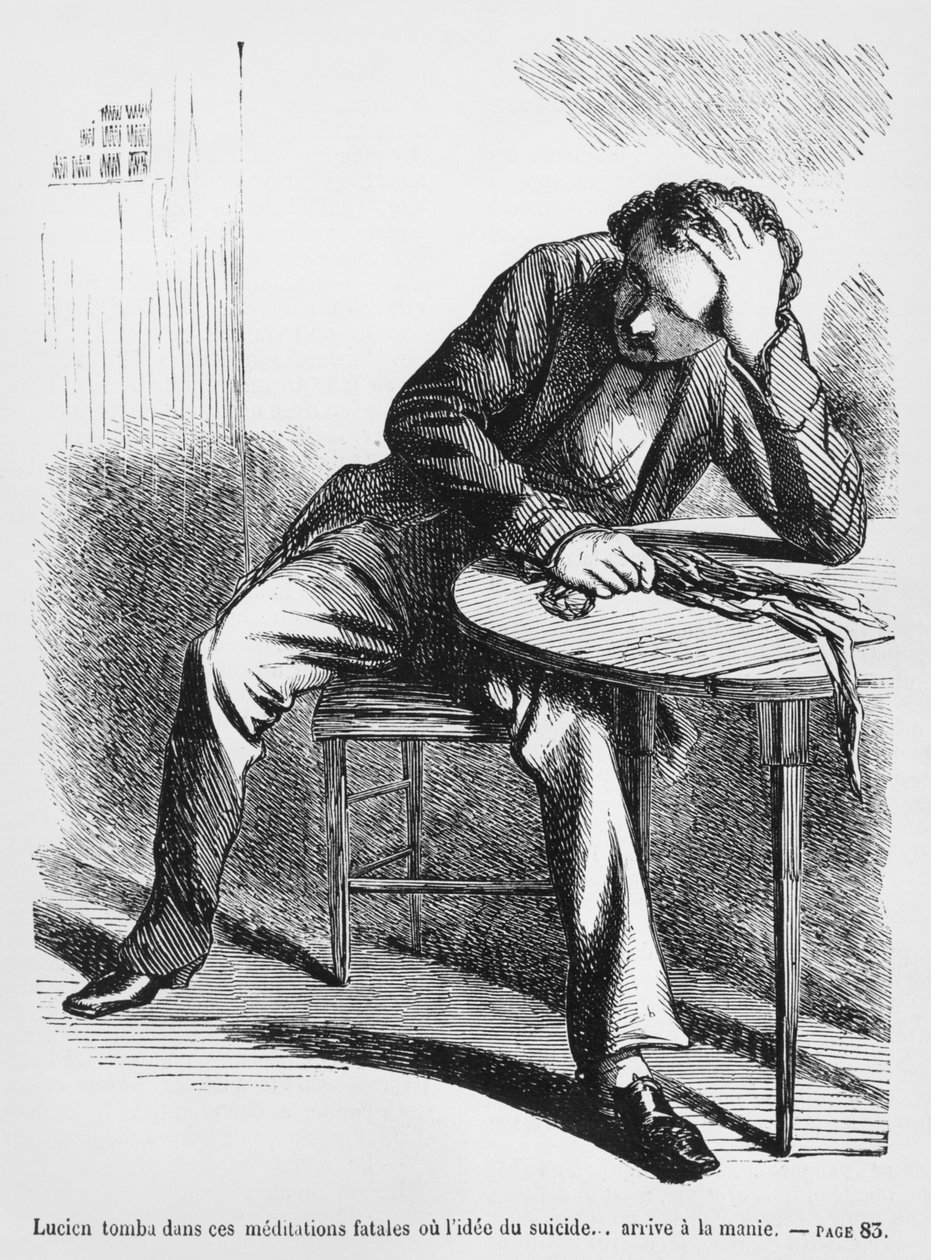 لوسيان دي روبيمبر يفكر في الانتحار ، توضيح من Splendeurs et Miseres des Courtisanes بواسطة Honore de Balzac ، نشر عام 1867 بواسطة المدرسة الفرنسية