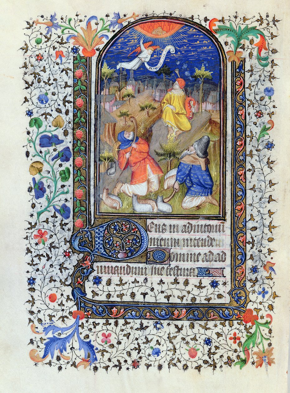 MS 1278 fol.106v البشارة إلى الرعاة ، من Heures a lusage de Troyes ، من قبل استوديو سيد ساعة روهان ، ج ، 1413-20 بواسطة المدرسة الفرنسية