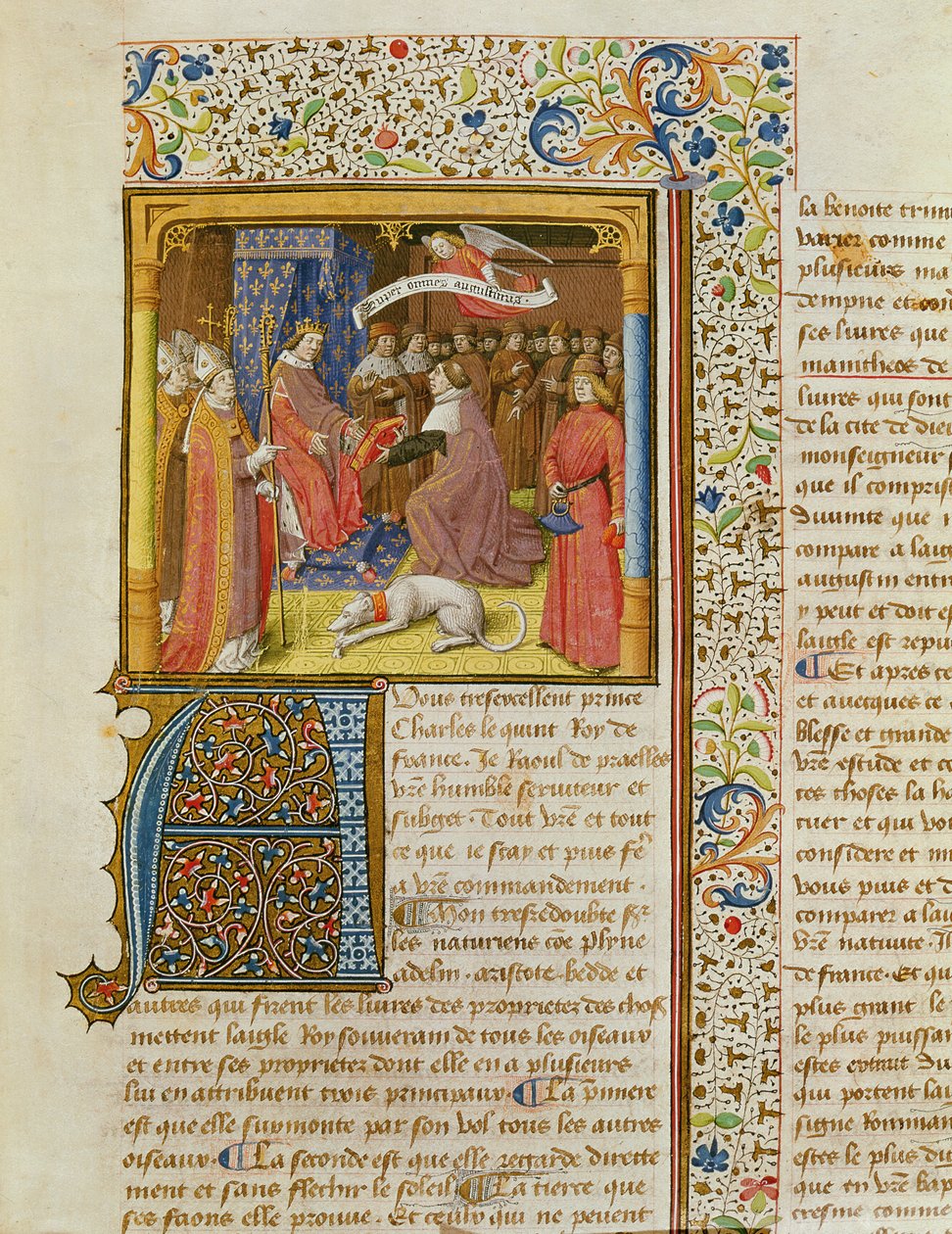 MS 246 f.1r Raoul de Presles تقديم ترجمته إلى Charles V (1338-80) من La Cite de Dieu بواسطة St. Augustine ، ترجمة Raoul de Presles (1316-82) c.1400-50 بواسطة المدرسة الفرنسية