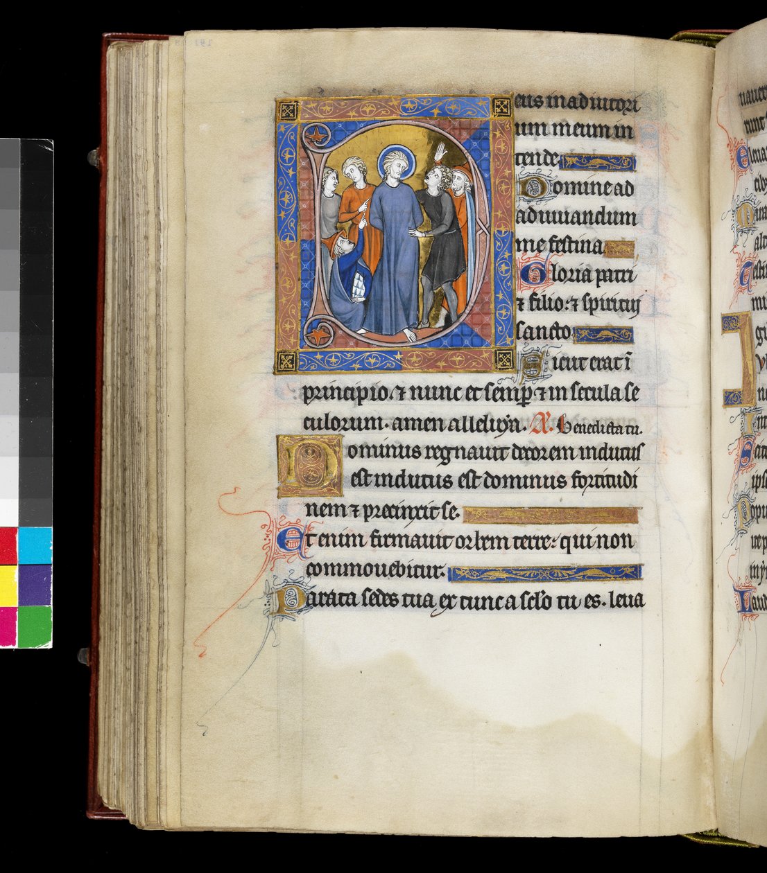 MS 300 f.191v ، الاستهزاء بالمسيح مع يسوع ، محاطًا بالمعذبين ، بما في ذلك رجلان يرتديان قبعات يهودية ، من سفر المزامير وساعات إيزابيلا الفرنسية ، باريس ، حوالي 1265-70 (قلم وحبر وتمبرا على ورق) بواسطة المدرسة الفرنسية