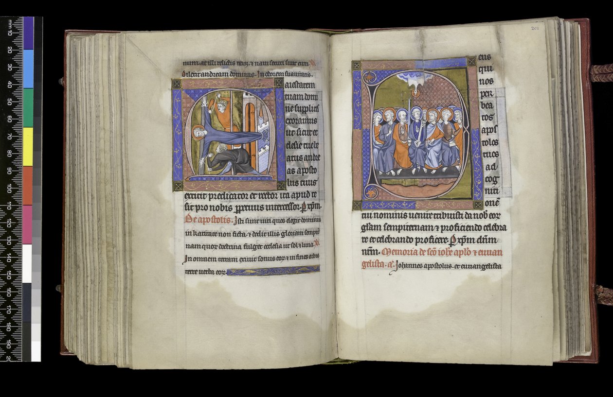 MS 300 f.200v-201r، Suffrage to St Andrew and Suffrage to the Apostles، from the Psalter and Hours of Isabella of France، Paris، c1265-70 بواسطة المدرسة الفرنسية