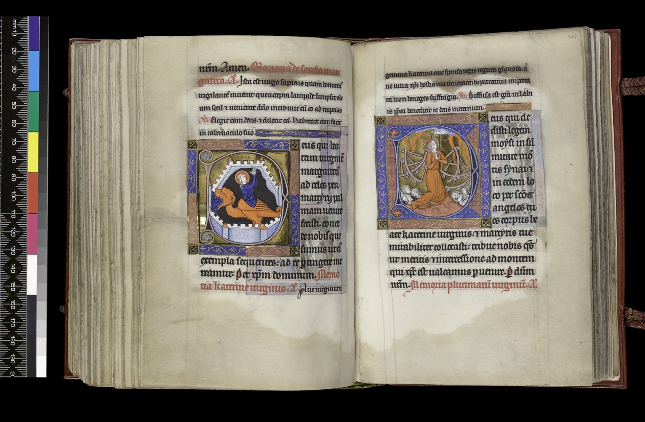 MS 300 f.206v-207r ، حق الاقتراع لسانت مارغريت والاقتراع لسانت كاترين ، من سفر المزامير وساعات إيزابيلا الفرنسية ، باريس ، حوالي 1265-70 (قلم حبر وحبر وتمبرا على ورق) بواسطة المدرسة الفرنسية