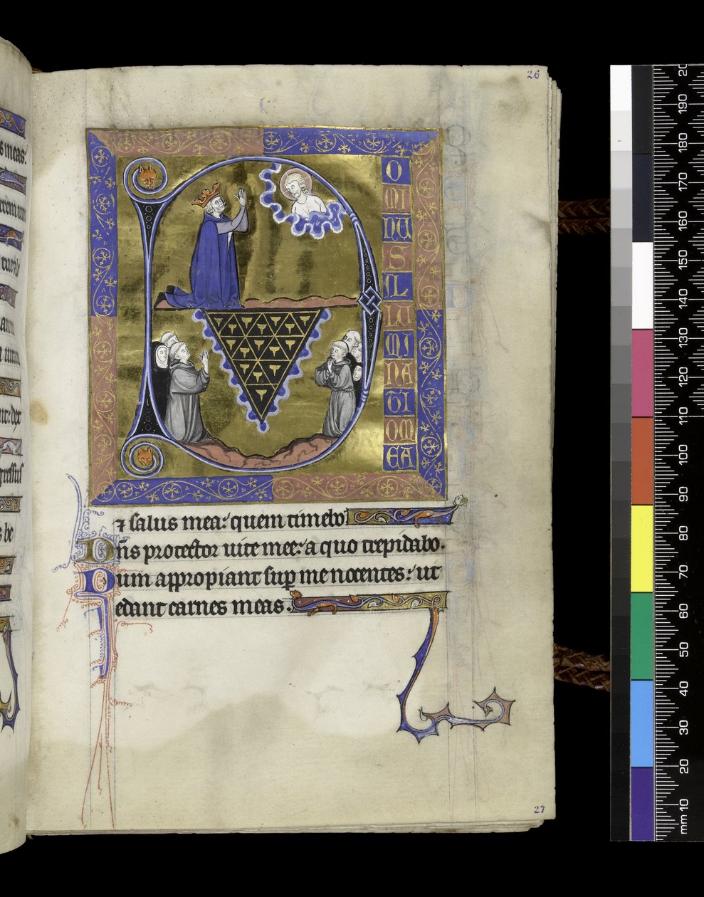 MS 300 f.26r ، ديفيد يصلي إلى الله ، ورقة من سفر المزامير وساعات إيزابيلا الفرنسية ، باريس ، حوالي ١٢٦٥-٧٠ (قلم حبر وحبر وتمبرا على ورق) بواسطة المدرسة الفرنسية