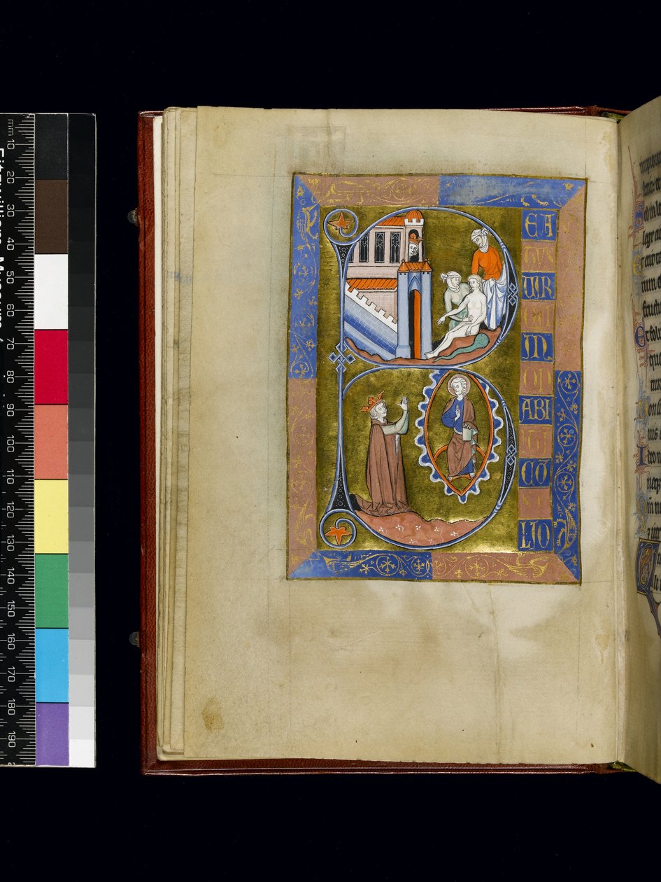 MS 300 f.XIII ، ورقة من سفر المزامير وساعات إيزابيلا الفرنسية ، باريس ، حوالي 1265-70 (قلم حبر وحبر وتمبرا على ورق) بواسطة المدرسة الفرنسية