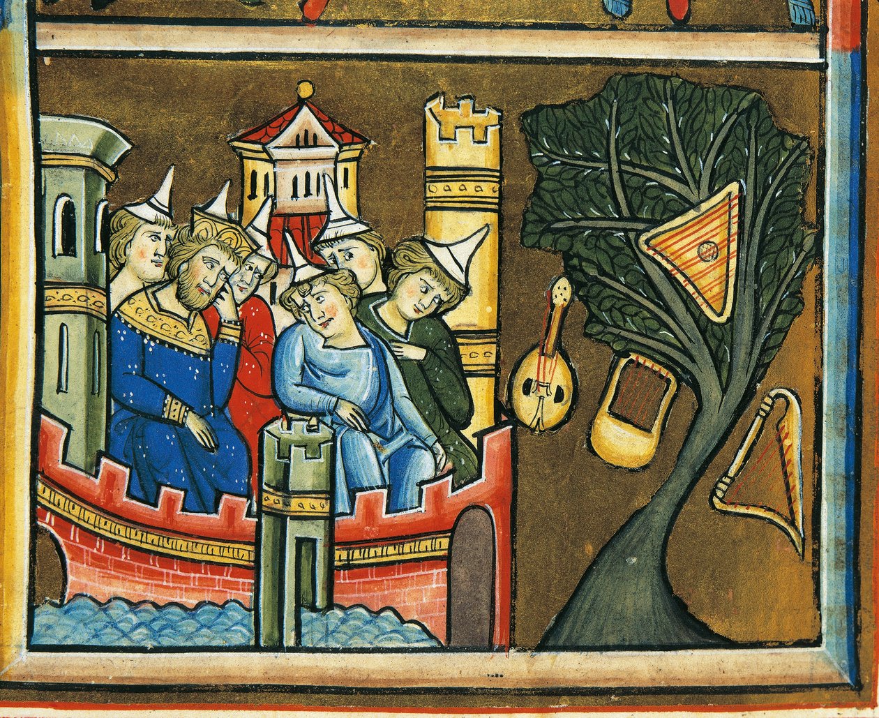 MS CXXXVII fol. 139v, Mourning Jews in Babylon, from the Psalter of Saint Elizabeth (tempera & gold leaf on vellum) بواسطة المدرسة الفرنسية