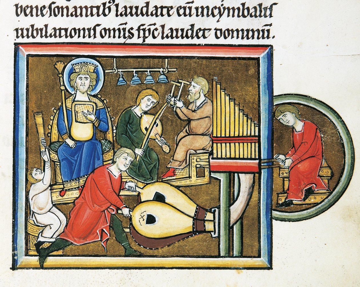 MS CXXXVII fol. 149r, King David holding the psalter and musicians playing, from the Psalter of Saint Elizabeth (tempera & gold leaf on vellum) بواسطة المدرسة الفرنسية