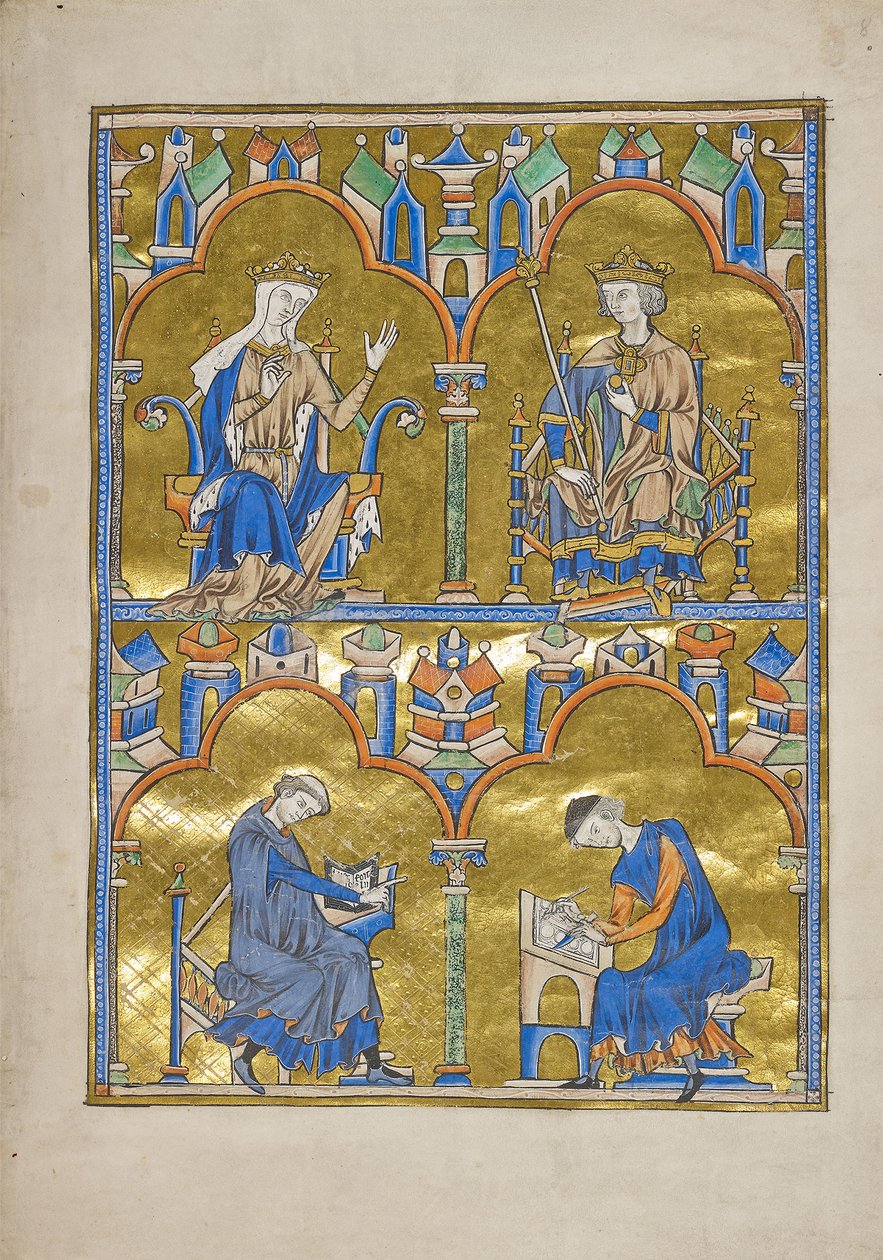 MS M.240 f.8r ، بلانش ملك قشتالة والملك لويس التاسع ملك فرنسا وما يليه: مؤلف يملي إلى كاتب ، إنجيل سانت لويس (الكتاب المقدس الأخلاقي) ، ربما باريس بواسطة المدرسة الفرنسية