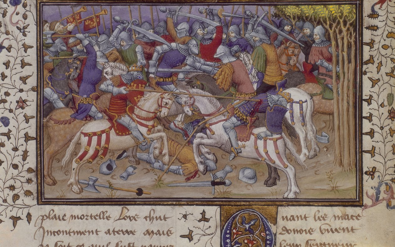 MS Royal 20 B.XX fol.16v هزيمة فيليب بواسطة Pausanias ، مع فرسان يقاتلون ، من 