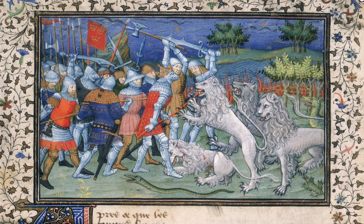 MS Royal 20 B.XX fol.50v الإسكندر الأكبر (356-323 قبل الميلاد) معارك مع الأسود البيضاء ، من 
