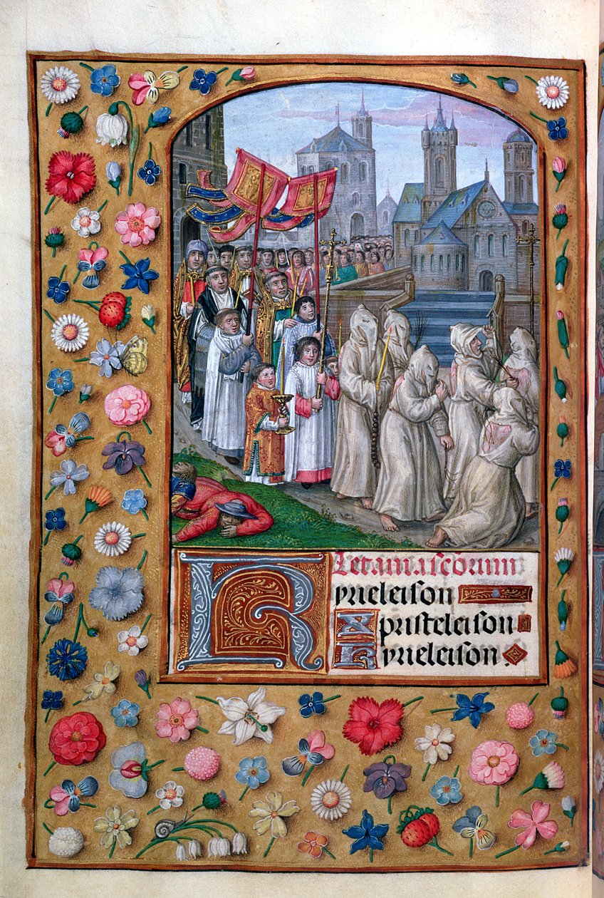 MS Vol. 137 f.136v موكب البابا غريغوريوس الأول (c.540-604) حتى روما في 590 ، من صلاة كتاب الساعات ، الفرنسية ، أوائل القرن السادس عشر بواسطة المدرسة الفرنسية