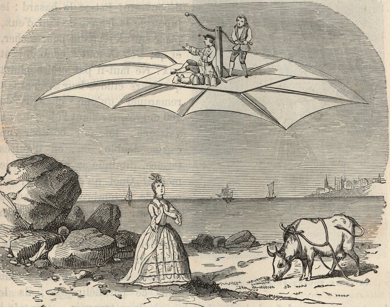 آلة (طائرة شراعية) بواسطة Samuel Musgrave (1732-1780) نقش في "" العلوم الموجودة تحت تصرف الجميع - الفيزياء والكيمياء الشعبية "بقلم Alexis Clerc - نهاية القرن التاسع عشر - مجموعة خاصة بواسطة المدرسة الفرنسية