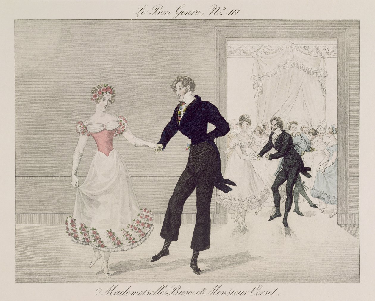 Mademoiselle Busc و Monsieur Corset ، اللوحة 111 من le Bon Genre ، c.1810 (نقش الألوان) بواسطة المدرسة الفرنسية