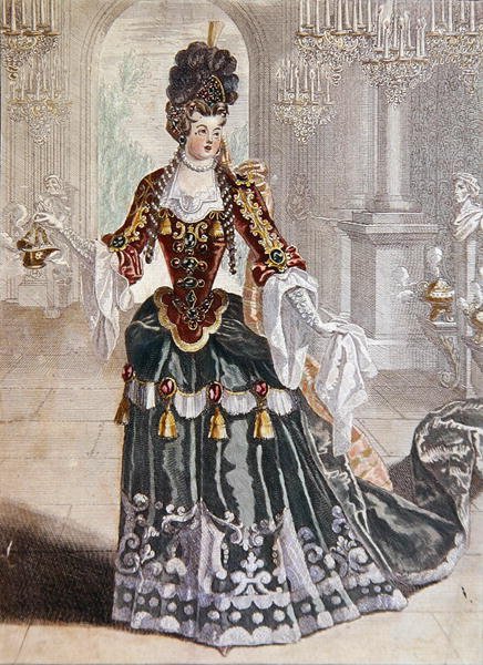 Mademoiselle Desmatins في دور Psyche في أوبرا Lully ، حوالي 1703 (نقش ملون) بواسطة المدرسة الفرنسية