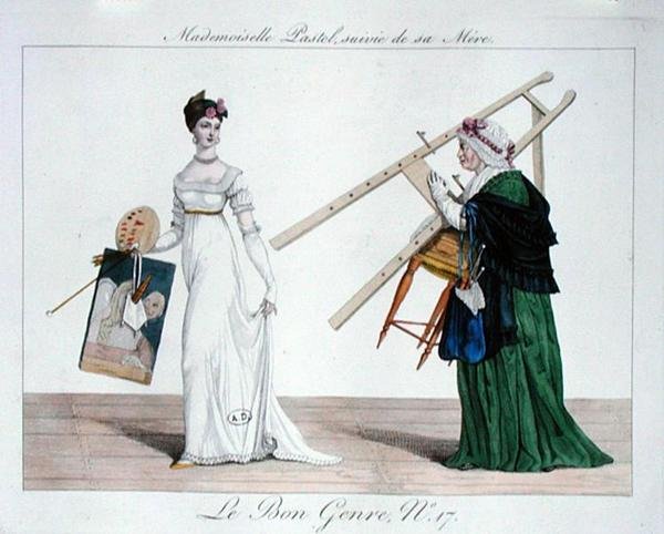 Mademoiselle Pastel تليها والدتها ، اللوحة 17 من 'Le Bon Genre' بواسطة المدرسة الفرنسية