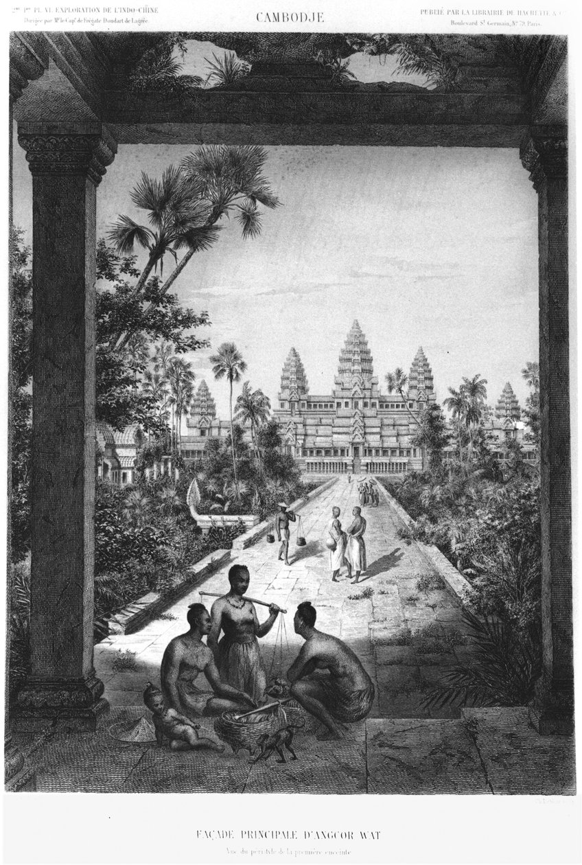 الواجهة الرئيسية لأنجكور وات ، رسم توضيحي من Atlas du voyage dexploration en Indochine ، 1866-68 بواسطة Doudart de Lagree ، نُشر عام 1873 ، باريس ، Hachette بواسطة المدرسة الفرنسية