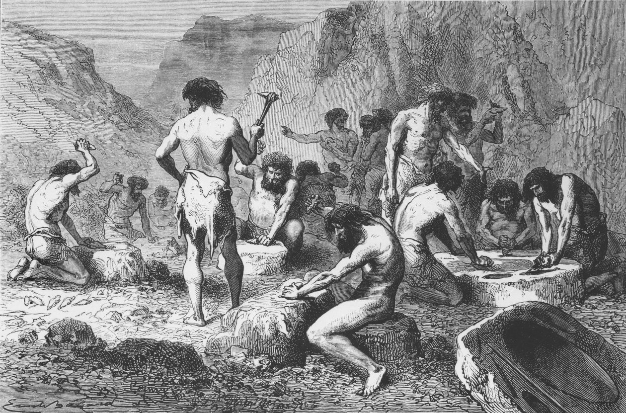 صنع وتلميع السيليكون في Pressigny ، توضيح من LHomme Primitif بواسطة Louis Figuier ، نشره Hachette ، 1870 بواسطة المدرسة الفرنسية