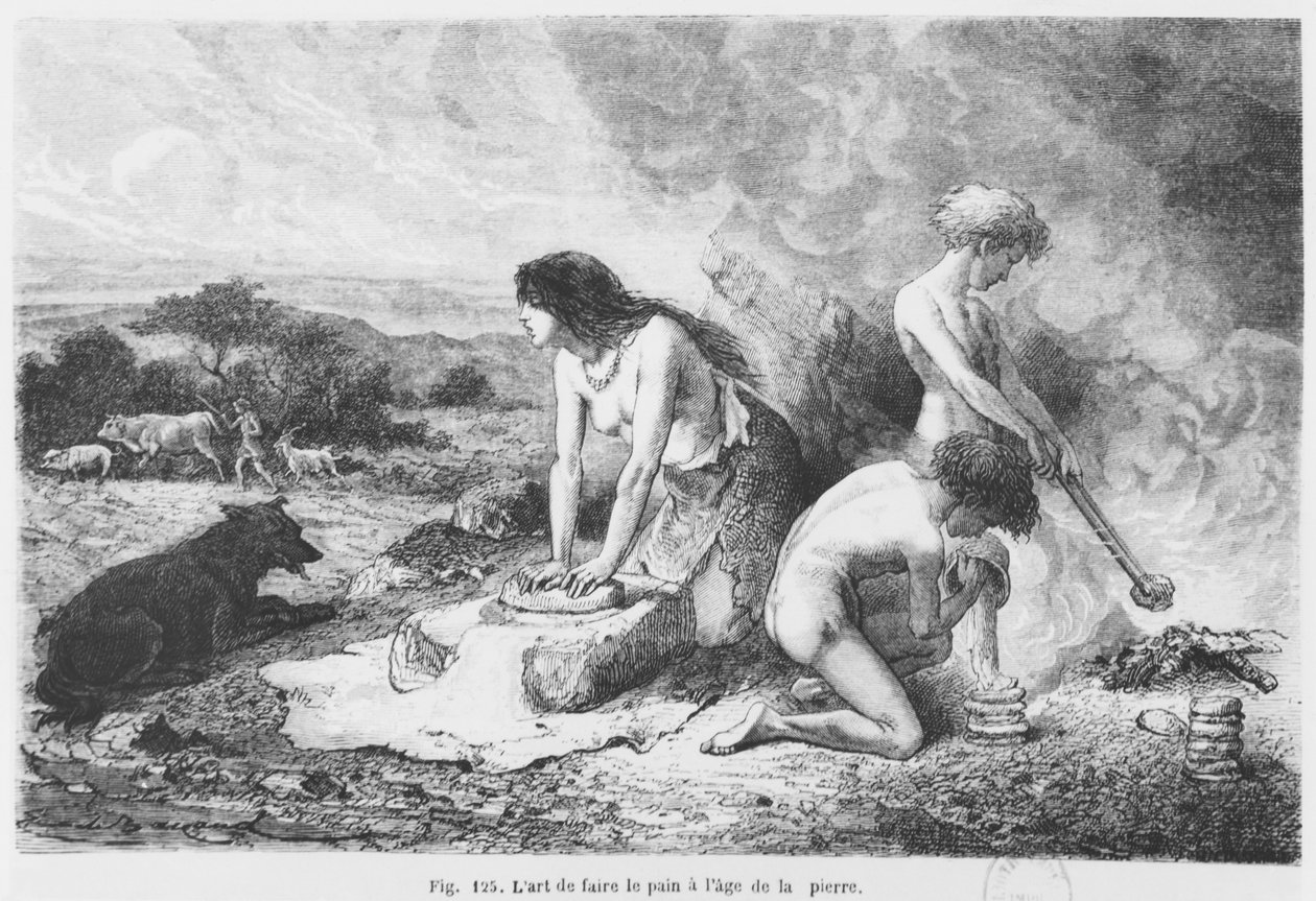 صنع الخبز في العصر الحجري ، رسم توضيحي من LHomme Primitif بواسطة Louis Figuier ، نشره Hachette ، 1870 بواسطة المدرسة الفرنسية