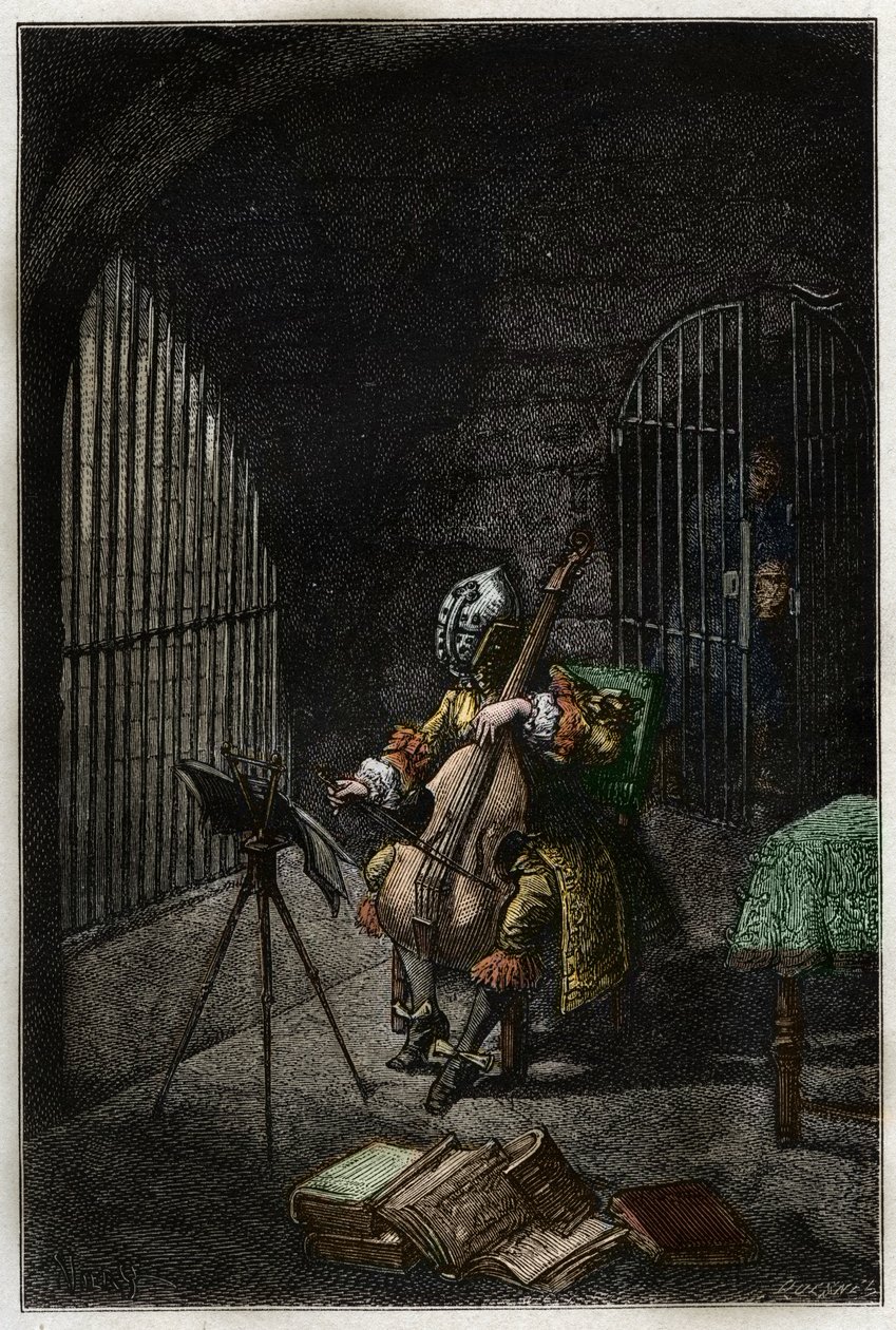 رجل يرتدي القناع الحديدي ، يعزف على التشيلو في السجن - الرجل ذو القناع الحديدي (توفي عام 1703) في سجنه وهو يعزف على آلة التشيلو - نقش من "هيستوار دو فرانس" لجول ميشليه - 1876-1877 - بواسطة المدرسة الفرنسية