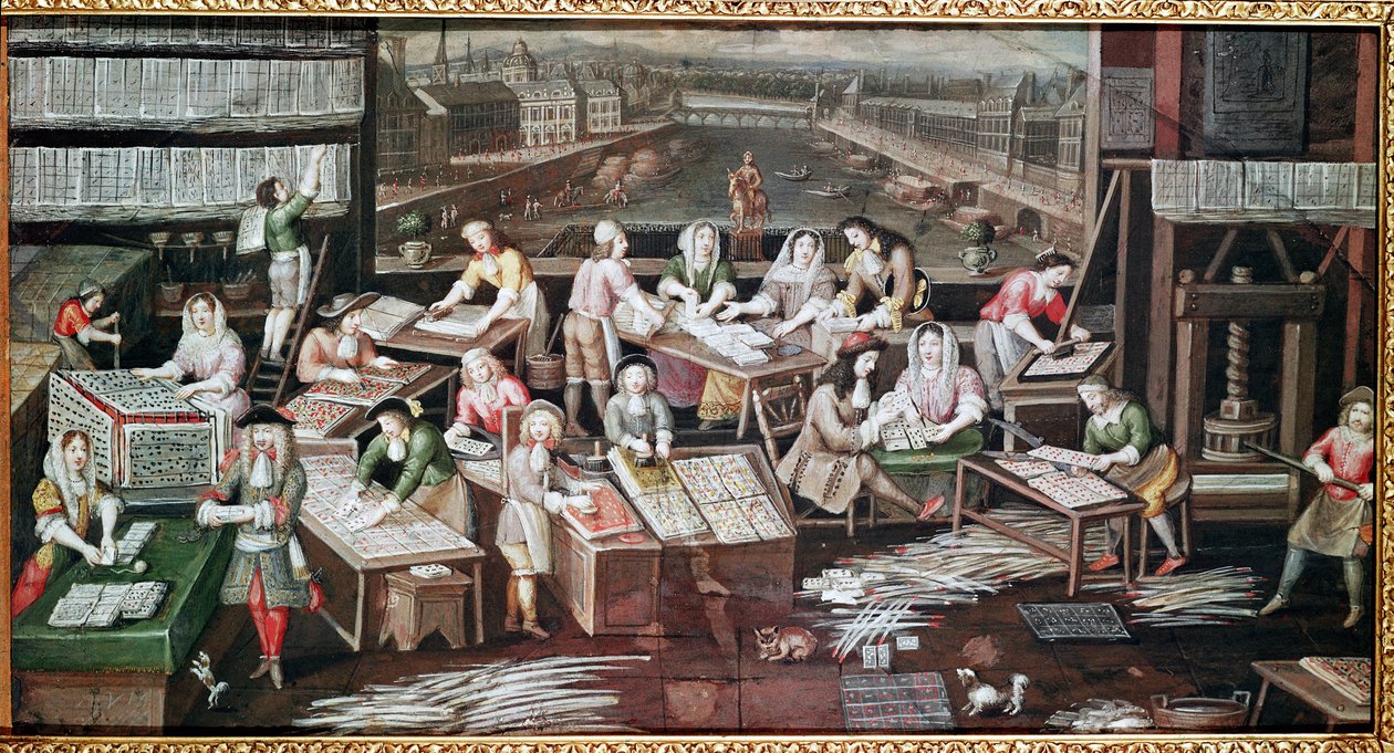 صنع أوراق اللعب في منزل في مكان دوفين (تصميم لمروحة ، غواش على ورق ، حوالي 1680) بواسطة المدرسة الفرنسية