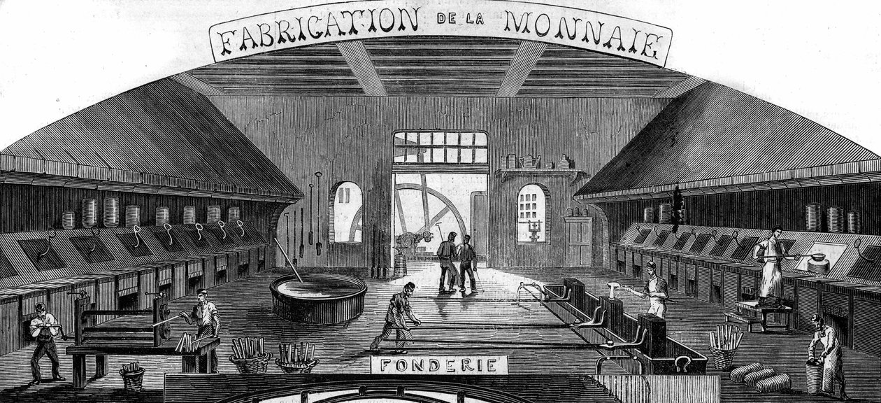 صنع النقود: مسبك. نقش في "Le Monde Illustré" رقم 145 بتاريخ 21 يناير 1860. بواسطة المدرسة الفرنسية